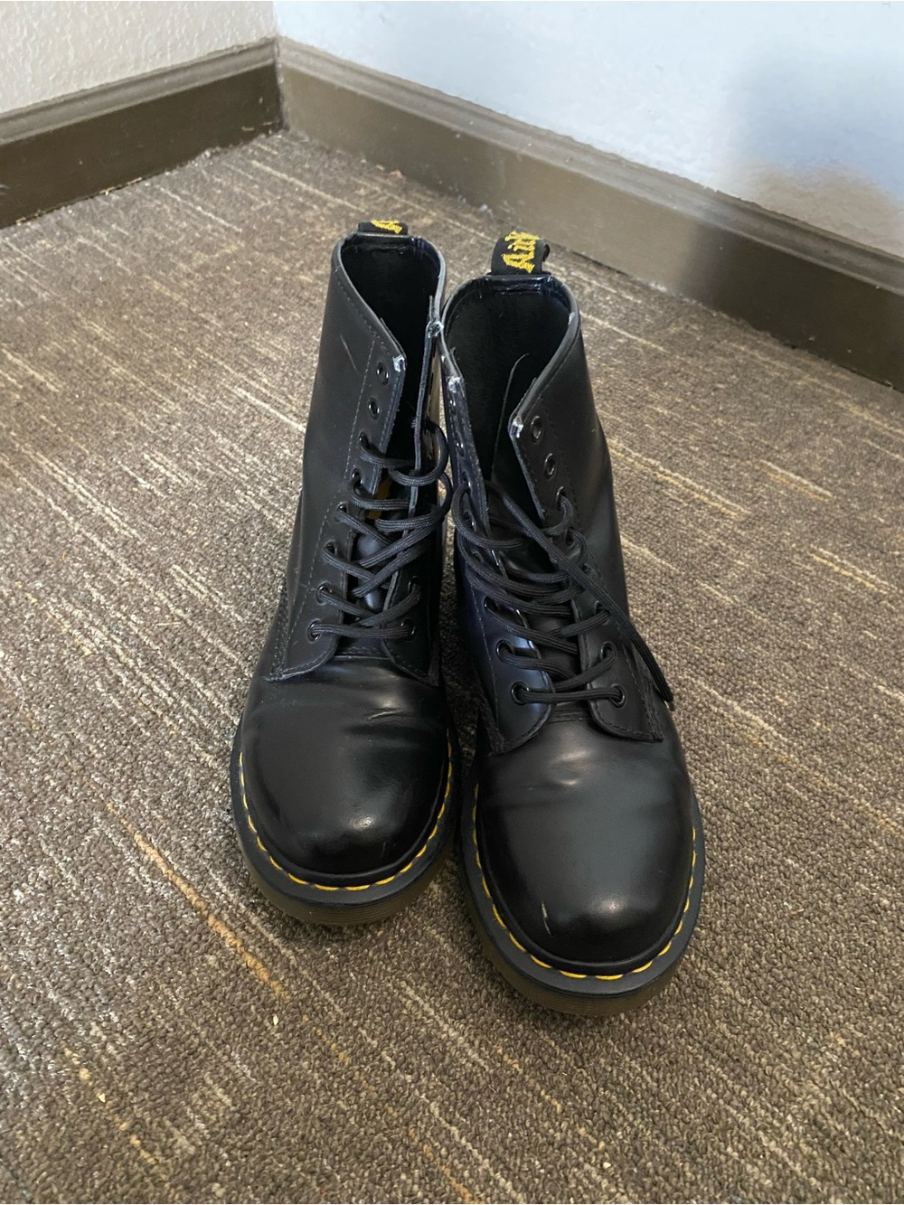 Dr Martens 11821 Black Leather Lace-Up Boots with Yellow Stitching Ladies 8